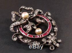 Superb Brooch Pendant Old Sterling Silver 18k Gold Diamonds, Rubies And Pearls