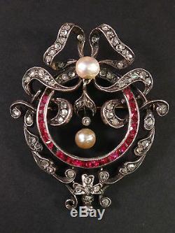 Superb Brooch Pendant Old Sterling Silver 18k Gold Diamonds, Rubies And Pearls