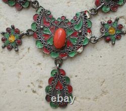 Superb Ethnic Necklace Ancient Silver Massive And Coral A Pampillas 70.2 Gr