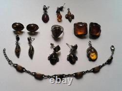 Superb Lot of Antique Jewelry Amber in Solid Silver 925/1000
