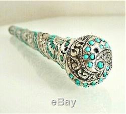 Superb Old Handle Or Knob Engraved Sterling Silver And Turquoise Stones