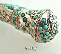 Superb Old Handle Or Knob Engraved Sterling Silver And Turquoise Stones