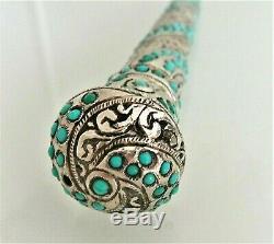 Superb Old Handle Or Knob Engraved Sterling Silver And Turquoise Stones