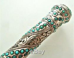 Superb Old Handle Or Knob Engraved Sterling Silver And Turquoise Stones