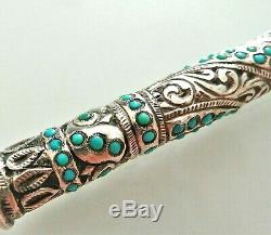 Superb Old Handle Or Knob Engraved Sterling Silver And Turquoise Stones