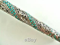 Superb Old Handle Or Knob Engraved Sterling Silver And Turquoise Stones