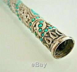 Superb Old Handle Or Knob Engraved Sterling Silver And Turquoise Stones