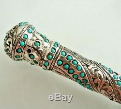 Superb Old Handle Or Knob Engraved Sterling Silver And Turquoise Stones