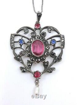 Superb Old Pendant In Sterling Silver And Rhinestone Heart XIX