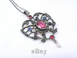 Superb Old Pendant In Sterling Silver And Rhinestone Heart XIX