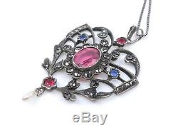 Superb Old Pendant In Sterling Silver And Rhinestone Heart XIX