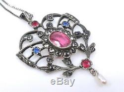 Superb Old Pendant In Sterling Silver And Rhinestone Heart XIX