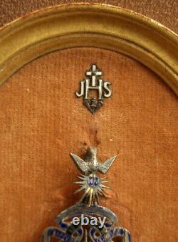 Superb Old Religious Medal in Solid Silver Enamel Baptism Communion