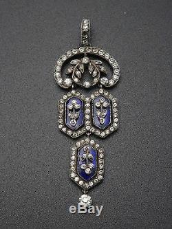 Superb Old Sterling Silver Pendant With Rhinestones And Blue Stones Xixeme