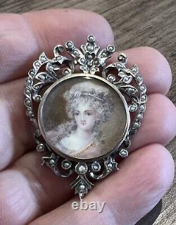 Superb Pendant Old Silver Massive Painting Miniature Portrait Woman 18/19 E