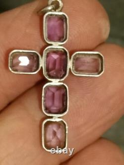 Superb and Ancient Great Religious Cross in Solid Silver and Amethyst