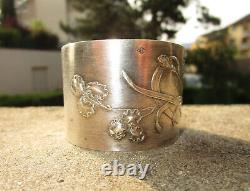 Translate this title in English: Ancient superb Art Nouveau silver iris napkin ring with solid silver monogram AB BA.