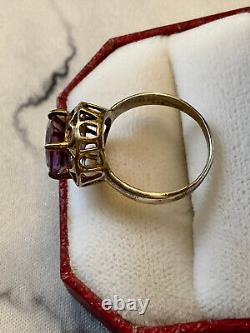 Translate this title in English: Beautiful Antique Sterling Silver Ring with Delicate Openwork and Natural Magnificent Amethyst, Size 56.