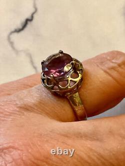 Translate this title in English: Beautiful Antique Sterling Silver Ring with Delicate Openwork and Natural Magnificent Amethyst, Size 56.