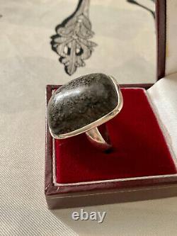 Translate this title in English: 'Vintage Solid Silver Ring with Rare Dinosaur Fossil Cabochon, Genuine, Size 56'