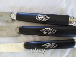 Translation: ANTIQUE 19th CENTURY SOLID SILVER EBONY HANDLES SET OF 3 X 18 KNIVES BY Paul Canaux