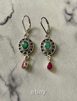 Translation: Ancient Solid Silver Earrings with Emeralds and Rubies