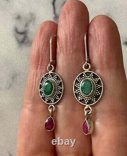 Translation: Ancient Solid Silver Earrings with Emeralds and Rubies