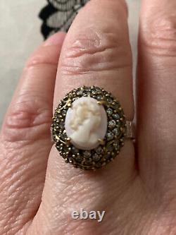 Translation: Ancient Unique Solid Silver Vermeil Ring with Genuine Rose Coral Cameo T55