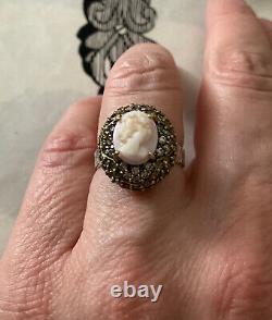 Translation: Ancient Unique Solid Silver Vermeil Ring with Genuine Rose Coral Cameo T55