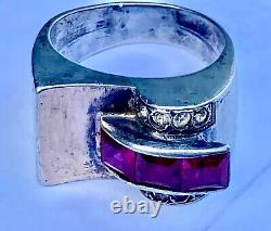 Translation: Antique Art Deco Solid Silver/Vermeil Tank Ring with unidentified stones T59/60.