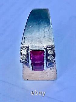 Translation: Antique Art Deco Solid Silver/Vermeil Tank Ring with unidentified stones T59/60.