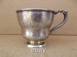 Translation: 'Antique Russian Solid Silver Chocolate Cup with 84 Nielloed Vermeil Interior'