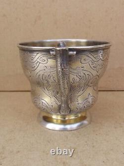 Translation: 'Antique Russian Solid Silver Chocolate Cup with 84 Nielloed Vermeil Interior'