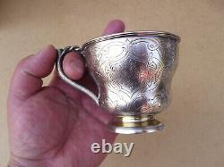 Translation: 'Antique Russian Solid Silver Chocolate Cup with 84 Nielloed Vermeil Interior'