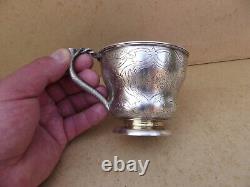 Translation: 'Antique Russian Solid Silver Chocolate Cup with 84 Nielloed Vermeil Interior'