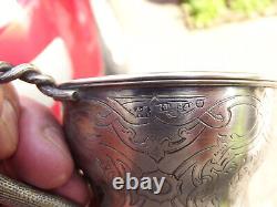 Translation: 'Antique Russian Solid Silver Chocolate Cup with 84 Nielloed Vermeil Interior'