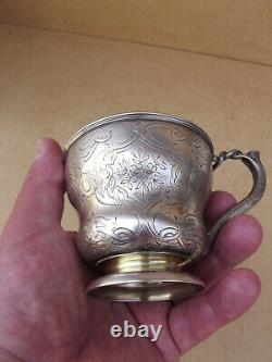 Translation: 'Antique Russian Solid Silver Chocolate Cup with 84 Nielloed Vermeil Interior'