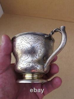 Translation: 'Antique Russian Solid Silver Chocolate Cup with 84 Nielloed Vermeil Interior'