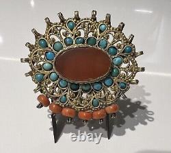 Translation: Rare Ancient Berber Pendant from 1900, Solid Silver Vermeil, Coral, and Turquoise.