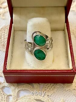Unique Antique Ring 2 Emeralds Solid Silver Handcrafted Engravings