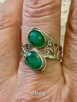 Unique Antique Ring 2 Emeralds Solid Silver Handcrafted Engravings