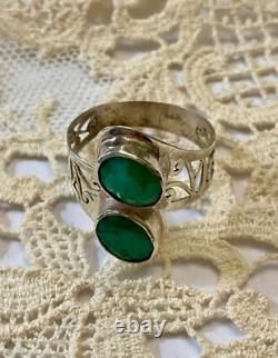 Unique Antique Ring 2 Emeralds Solid Silver Handcrafted Engravings