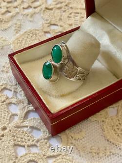 Unique Antique Ring 2 Emeralds Solid Silver Handcrafted Engravings