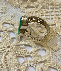 Unique Antique Ring 2 Emeralds Solid Silver Handcrafted Engravings