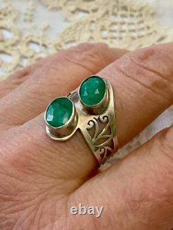 Unique Antique Ring 2 Emeralds Solid Silver Handcrafted Engravings