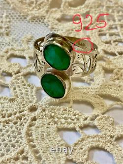 Unique Antique Ring 2 Emeralds Solid Silver Handcrafted Engravings