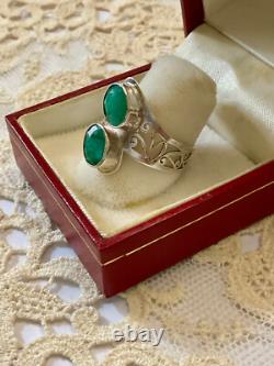 Unique Antique Ring 2 Emeralds Solid Silver Handcrafted Engravings
