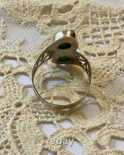 Unique Antique Ring 2 Emeralds Solid Silver Handcrafted Engravings