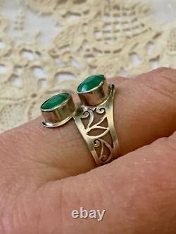 Unique Antique Ring 2 Emeralds Solid Silver Handcrafted Engravings
