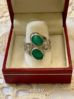 Unique Antique Ring 2 Emeralds Solid Silver Handcrafted Engravings